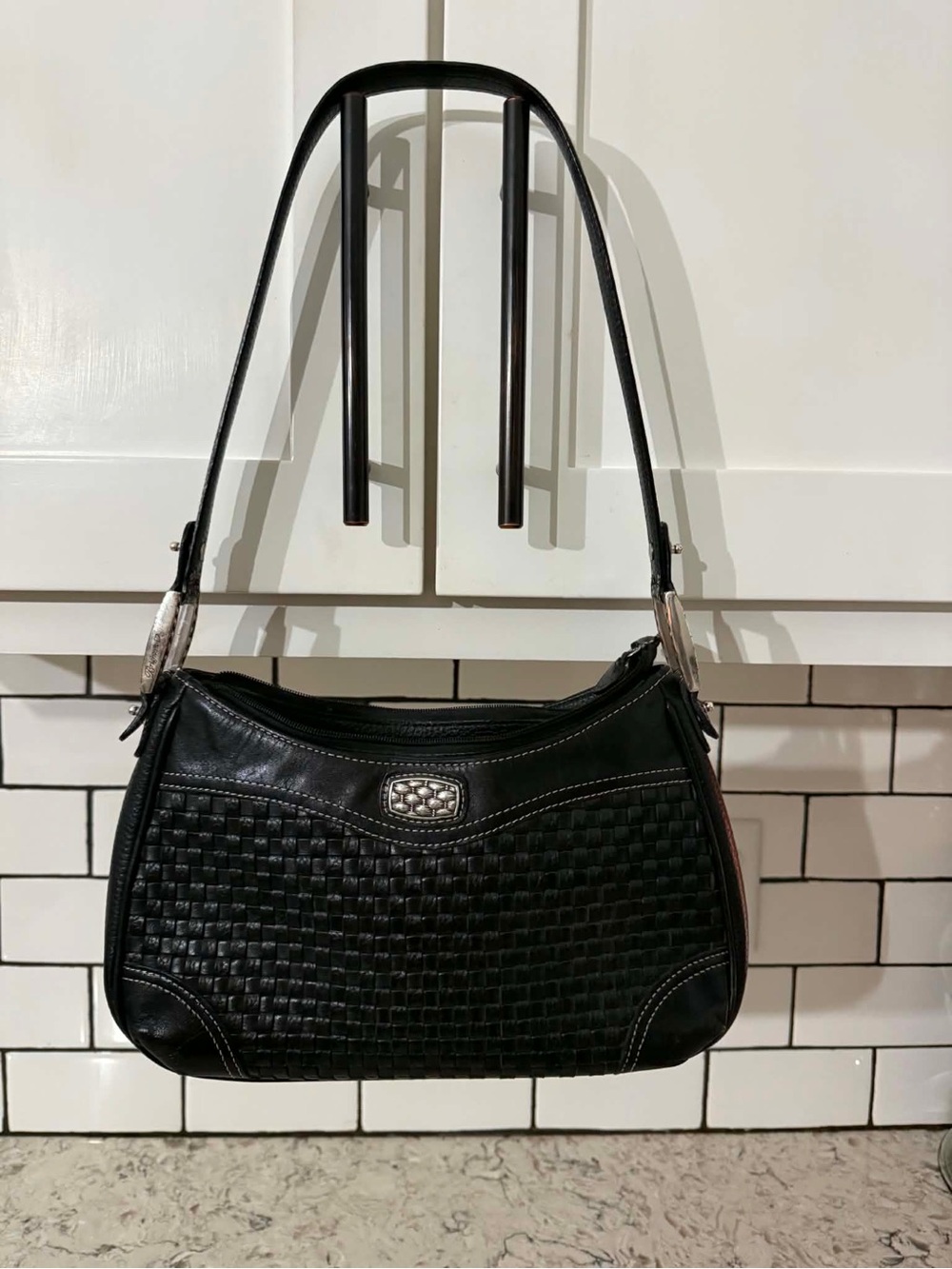 Brighton Black Woven Leather Shoulder Bag with Silver Accents